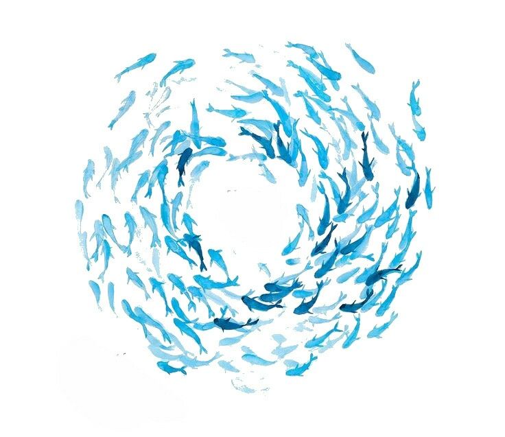 a large group of small blue fish swimming in a circle on top of each other