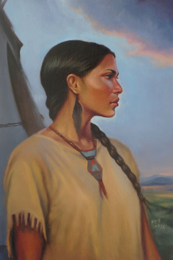 an oil painting of a native american woman