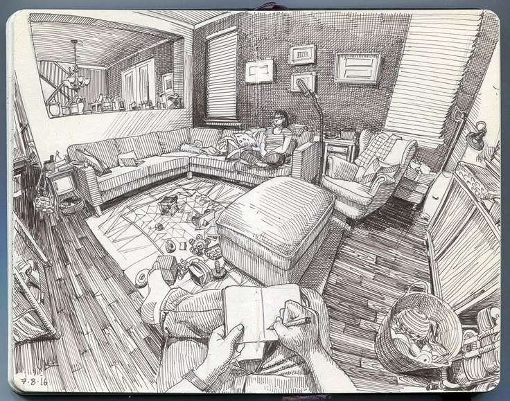 a drawing of a living room with couches and people sitting in the chair area