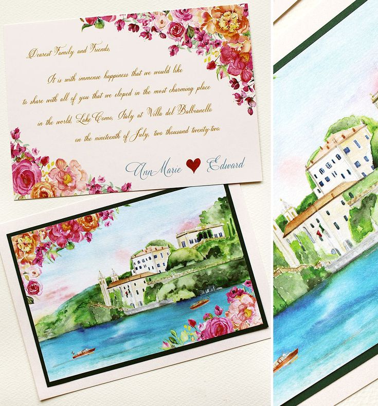 two wedding cards with watercolor paintings on them