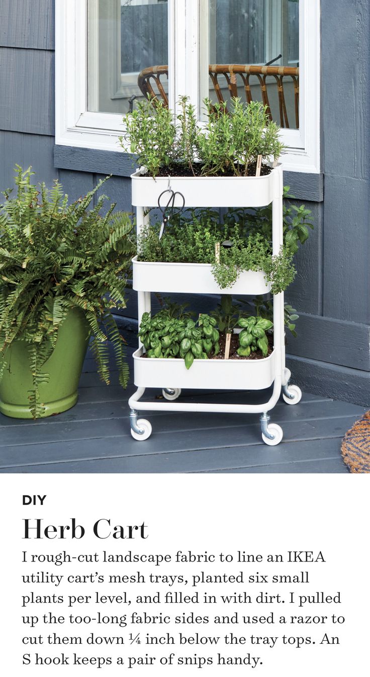 an advertisement for herb cart with plants growing in the planter and on the outside