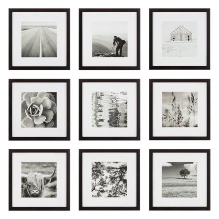 six black and white photographs hanging on the wall in front of each other's frames