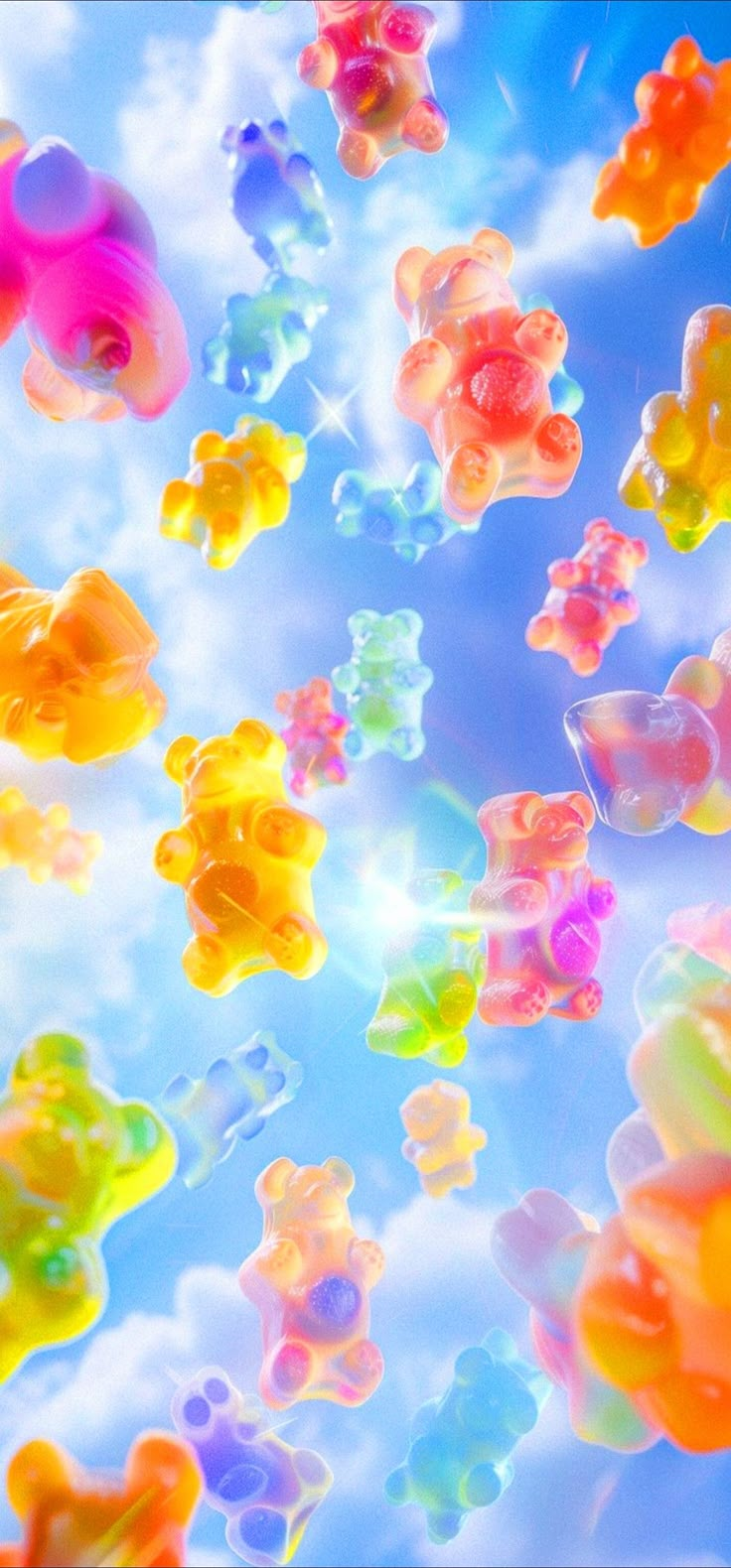 colorful bubbles floating in the air against a blue sky with clouds and sunbeams