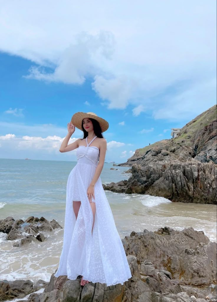 Gown Poses For Women, Femenine Girls Aesthetic, Blue Long Beach Dress, Goa Outfits Beach, Beach Dress Outfits, Beach Dress Photoshoot, Modest Beach Outfit, Beach Dress Outfit, Couples Candid Photography