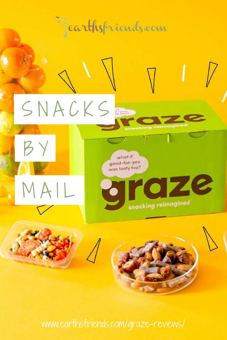 some snacks are sitting in front of a box on a yellow background with the words graze