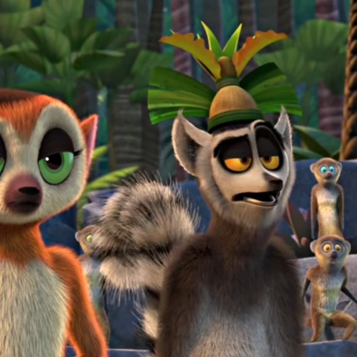 two animated animals standing next to each other in front of palm trees and bushes, with one staring at the camera