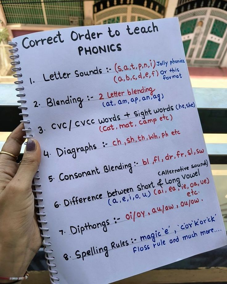 a hand holding up a piece of paper with writing on it that says correct order to teach phonics