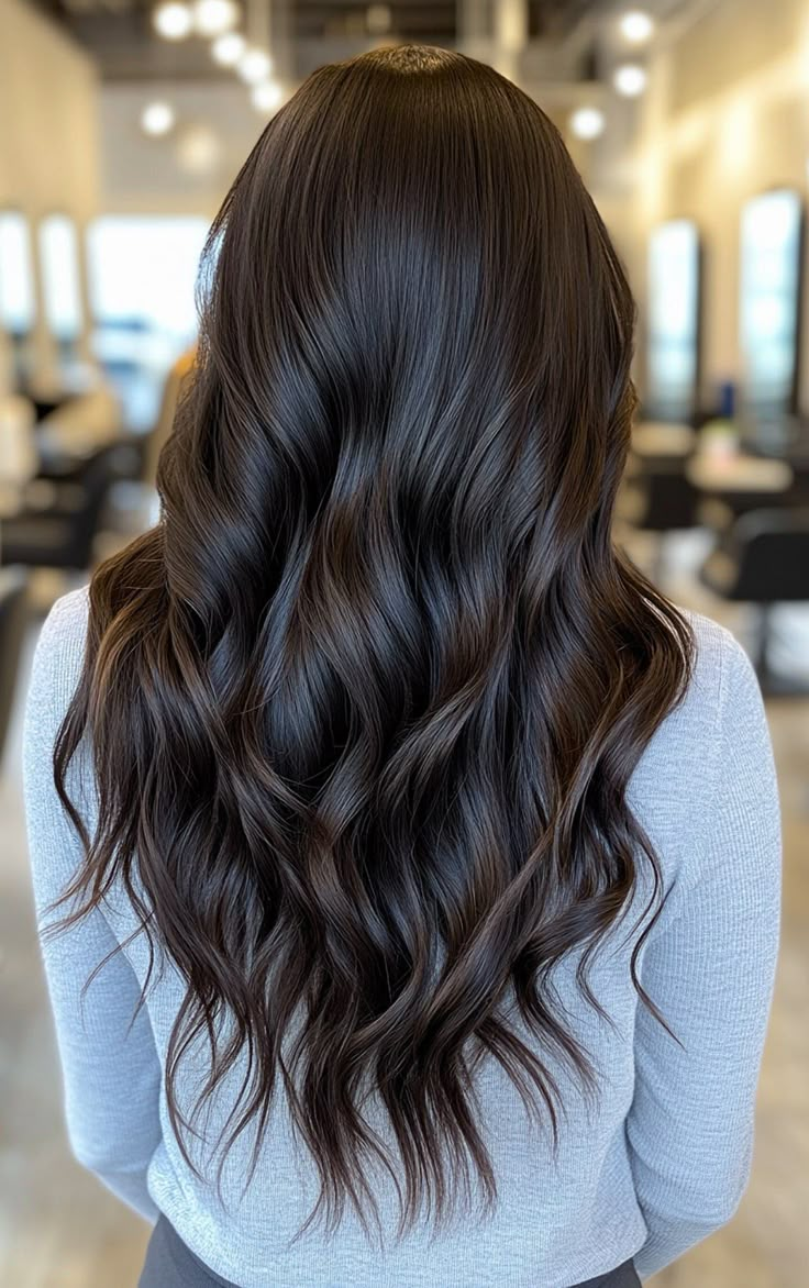 Espresso%20Hair%20Color%20Is%20Trending%20in%202024:%20Here%20Are%2016%20Amazing%20Ideas Dark Brown Inspo Hair, Medium Brown Hair With Lowlights Dark, All Brunette Hair Color, Dark Brown Hair Without Highlights, Espresso Ash Brown Hair, Darkest Brown Hair Color Dark, Long Dark Brown Hair With Dimension, Cool Dark Brunette Hair Color, Chocolate Brown All Over Hair Color