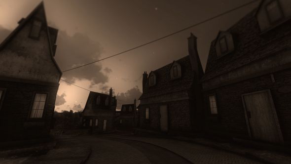 an animated image of a dark street with houses