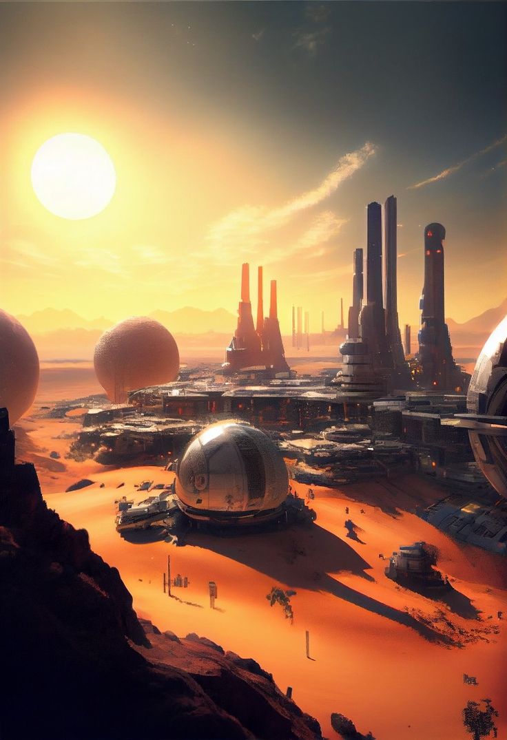 an artist's rendering of a sci - fi city with futuristic buildings and planets in the background