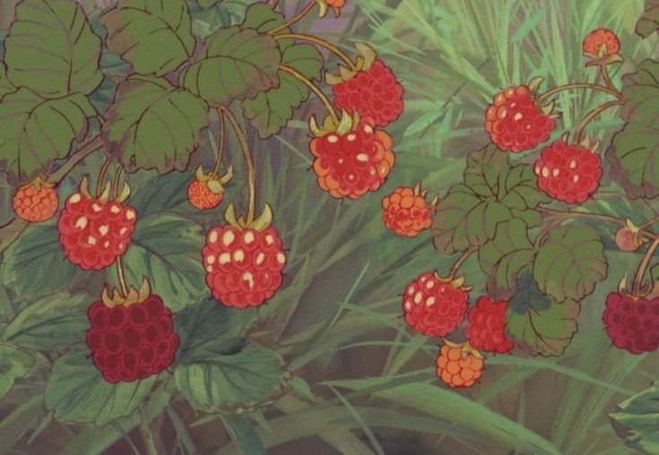 a painting of raspberries growing on a bush with green leaves and red berries