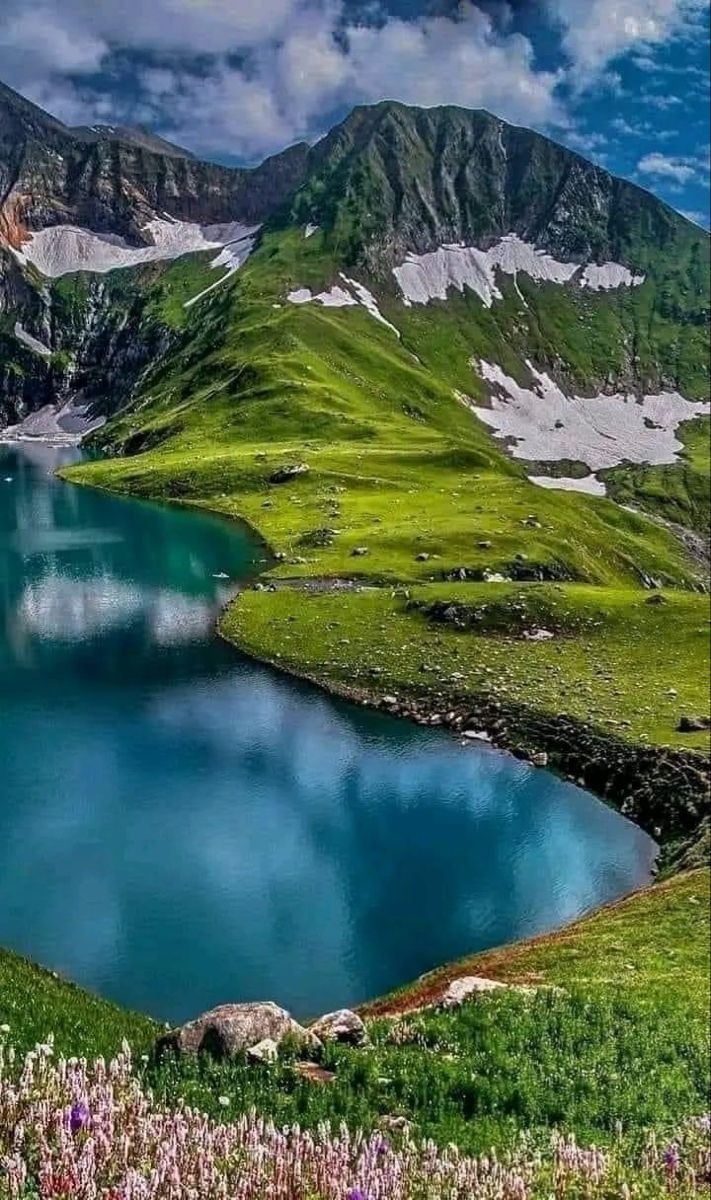 a mountain lake surrounded by green grass and flowers