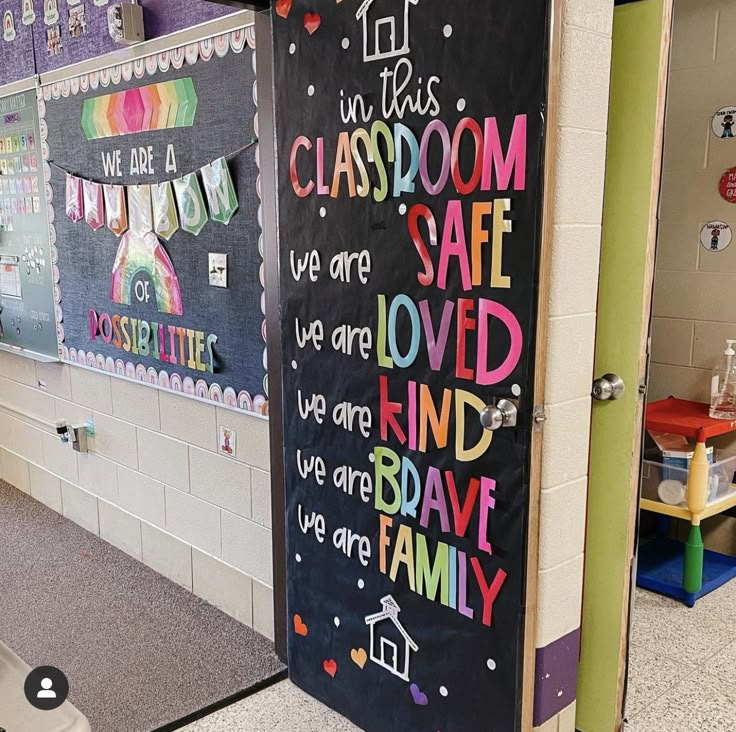 a classroom door with the words in this classroom safe loved and kind of brave we are family