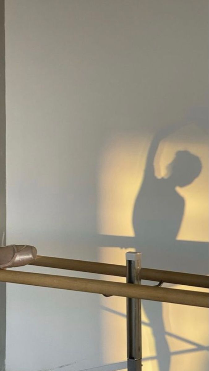 the shadow of a ballerina is cast on a wall behind a wooden rail in an empty room