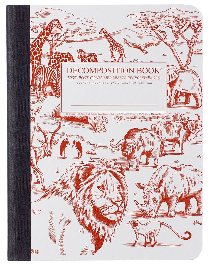 a red and white book with an image of lions, zebras, giraffes and other animals