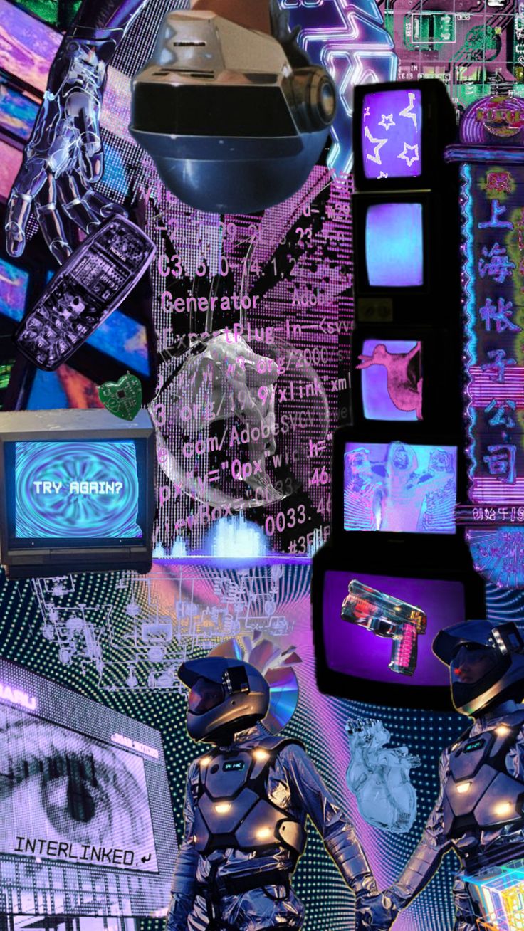 a collage of electronic gadgets and tv's on display in an art gallery