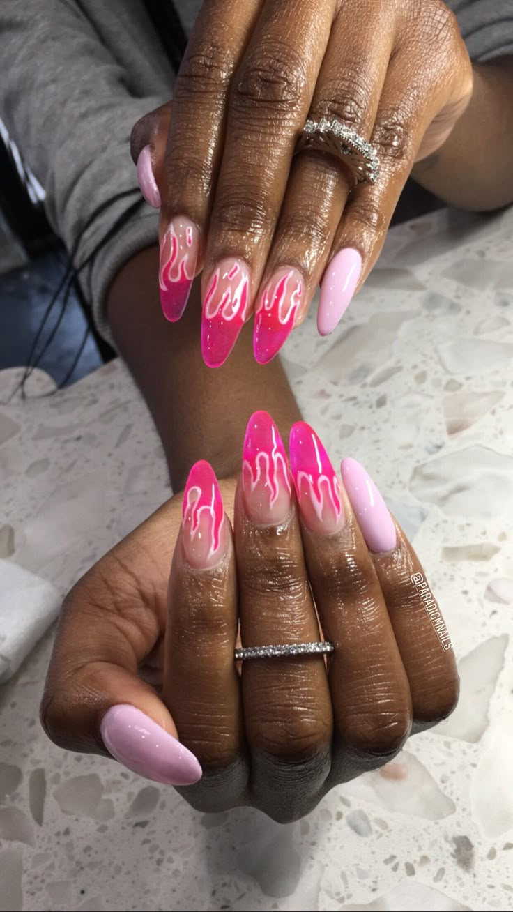 Pastel Fire Nails, Breakup Nail Designs, Round Flame Nails, Sparkle Flame Nails, Miami Heat Nails, Summer Flame Nails, Neon Flame Nail Art, Coachella Nails 2023, Hot Pink Flame Nails