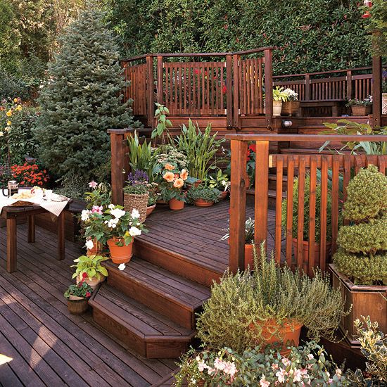 a wooden deck surrounded by potted plants and other greenery on the side of it