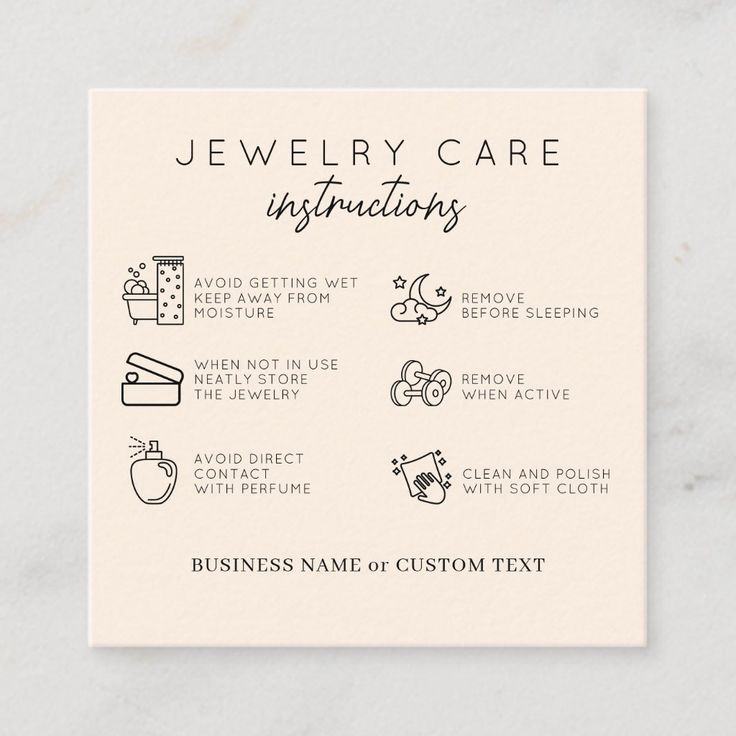 a business card with the words jewelry care instructions on it and icons in black ink