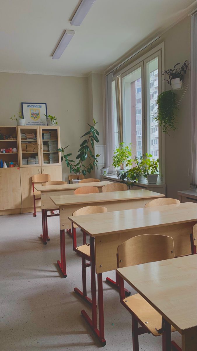 an empty classroom with wooden desks and plants in the window sill on either side