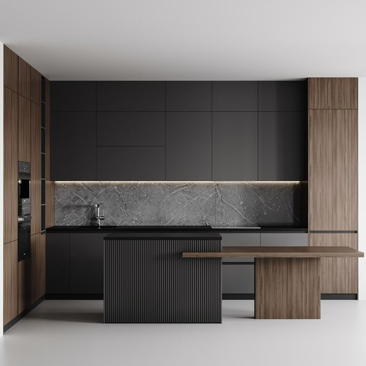 a modern kitchen with black cabinets and marble counter tops