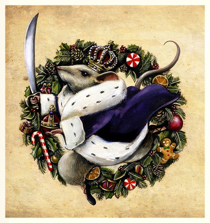 a painting of a mouse with a knife in it's mouth, surrounded by holly wreaths and candy canes