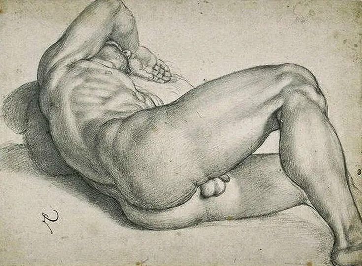 a drawing of a man laying on the ground with his back turned to the side