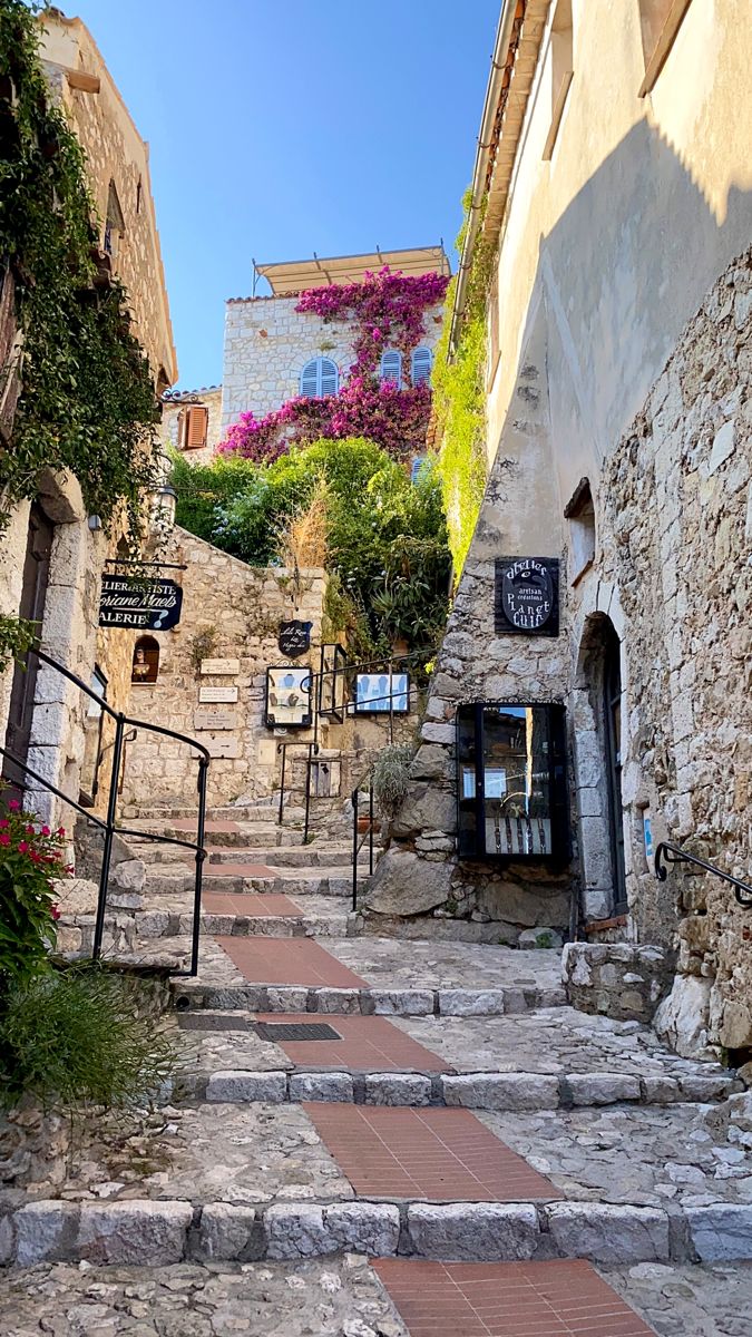 an alleyway with stone steps leading up to the building and flowers growing on the wall