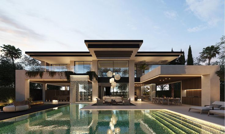 a large modern house with an outdoor swimming pool