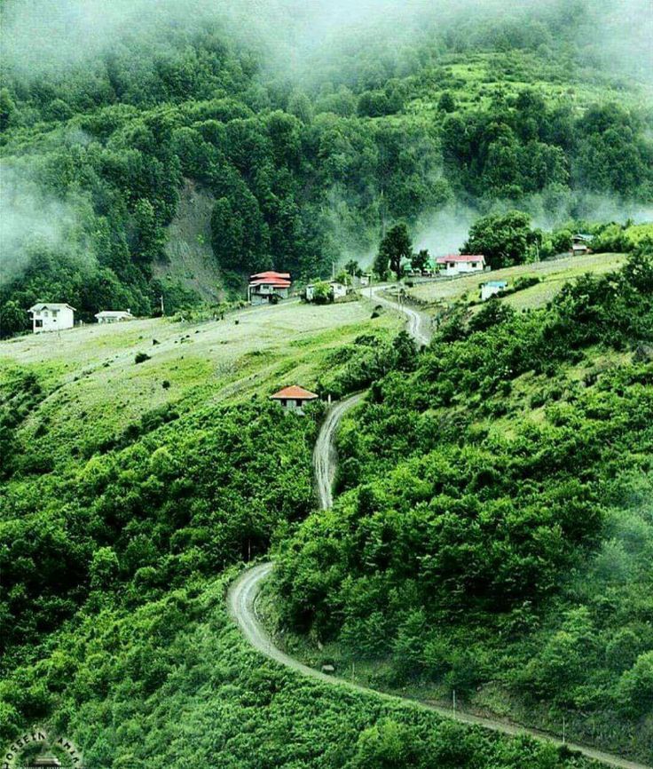 a winding road in the middle of a lush green hillside