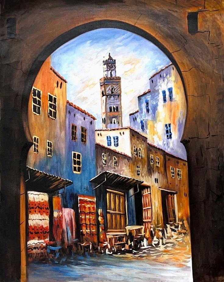 a painting of an archway leading to a building