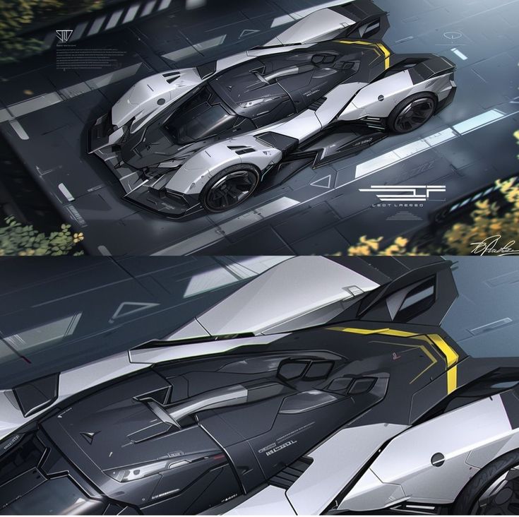 the futuristic car is shown in three different angles and looks like it's going to be