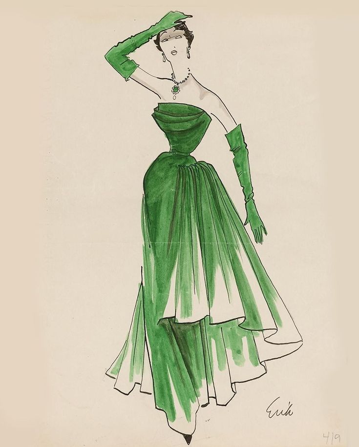 a drawing of a woman in a green dress and hat with her hand on her head