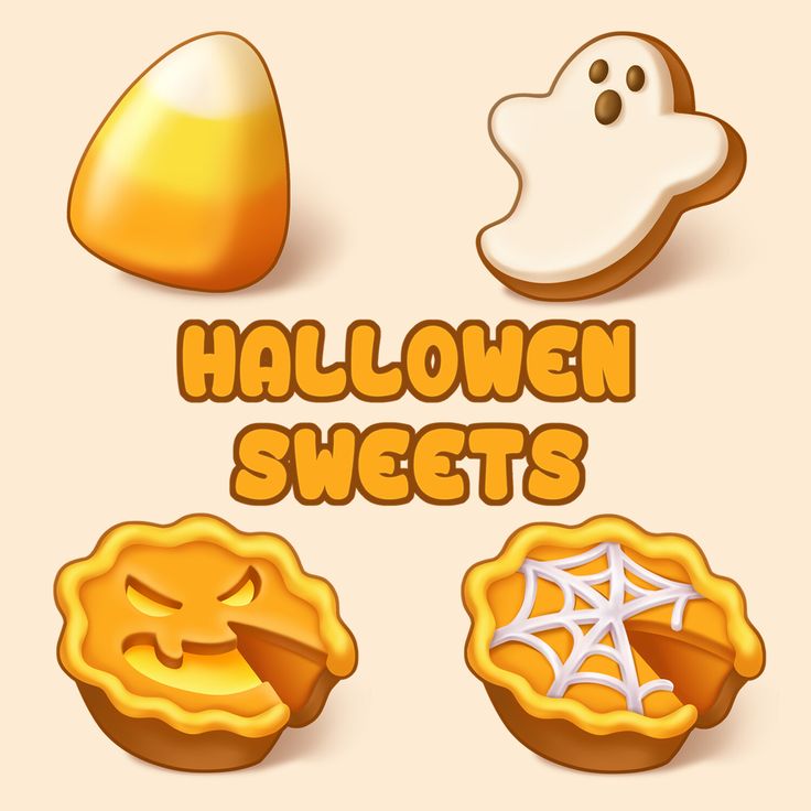 halloween sweets are arranged in the shape of pumpkins and ghost faces, with text that reads halloween sweets