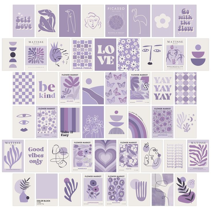 a collage of purple and white images