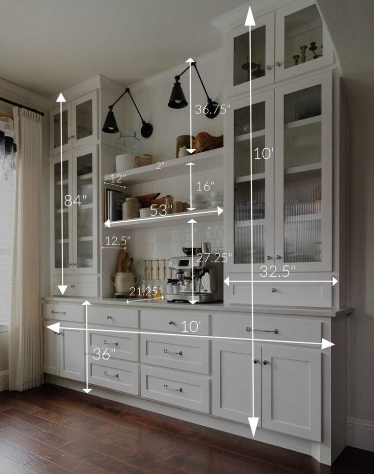 a kitchen with lots of white cabinets and numbers on the wall above it's counter tops