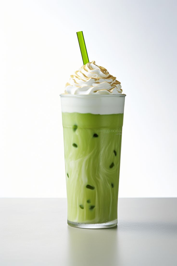 a green drink with whipped cream and sprinkles