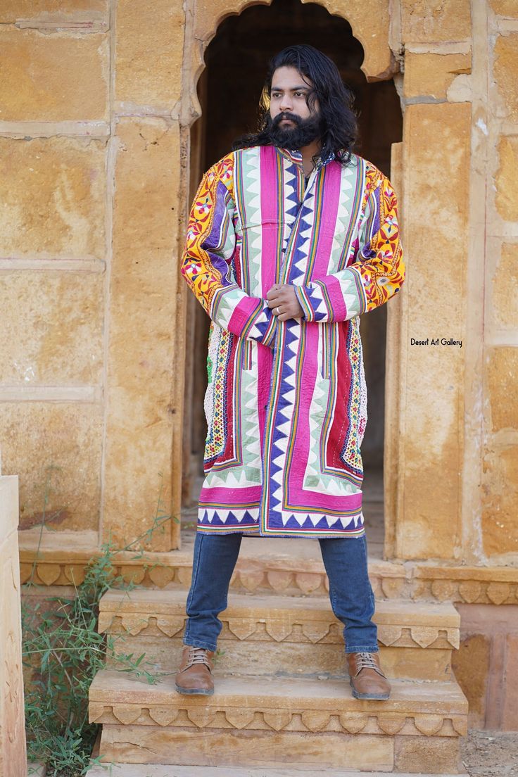 Old Banjara jacket/ boho jacket /Embroidered Indian jacket / banjara boho coat / mirrored coat/funny jacket handmade jacket/beautiful jacket/Bohemian Jacket  # MEASUREMENT:- READY TO SHIP SIZE The coat shown here is ready to ship in the following measurements: ⚬ Length: 48 inch ⚬ Chest:   54 inch ⚬ Shoulder: 21 inch ⚬ Sleeve length: 26 inch ⚬  Arm Hole : 24 Inch  ⚬ Size :  XXL  BOTH Little Baggy  ⚬ Pocket : Yes UNISEX JACKET # Size : Fits To XL , XXL BOTH BEAUTIFUL HANDMADE EMBROIDERY OF REAL VINATAGE FABRIC  #Banjaras are nomadic tribes found in Andhra Pradesh, Bihar, Madhya Pradesh, Himachal Pradesh, Gujarat, Tamil Nadu, Maharashtra, Karnataka, Orissa and West Bengal. The banjaras are believed to be descendants of the Roma gypsies of Europe who migrated through the rugged mountains of Af Bohemian Multicolor Kurta For Festivals, Bohemian Multicolor Festival Kurta, Bohemian Multicolor Kurta, Spring Festival Long Sleeve Kaftan, Fitted Long Sleeve Kaftan For Festivals, Traditional Multicolor Outerwear For Festivals, Embroidered Long Sleeve Kurta For Festival, Multicolor Long Sleeve Outerwear For Festivals, Folk Style Multicolor Kurta For Navratri