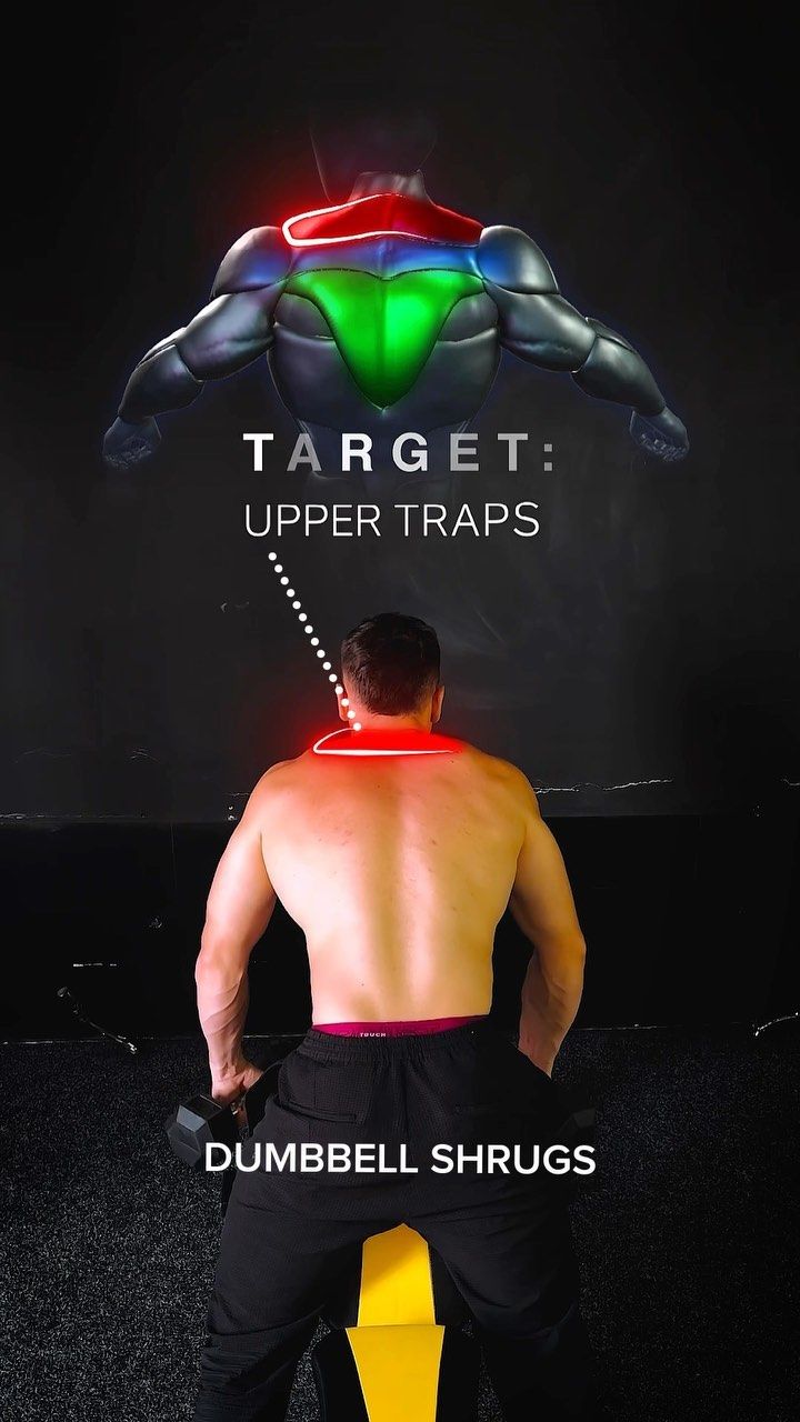 a man standing in front of a sign that says target upper traps dumbbell shruts