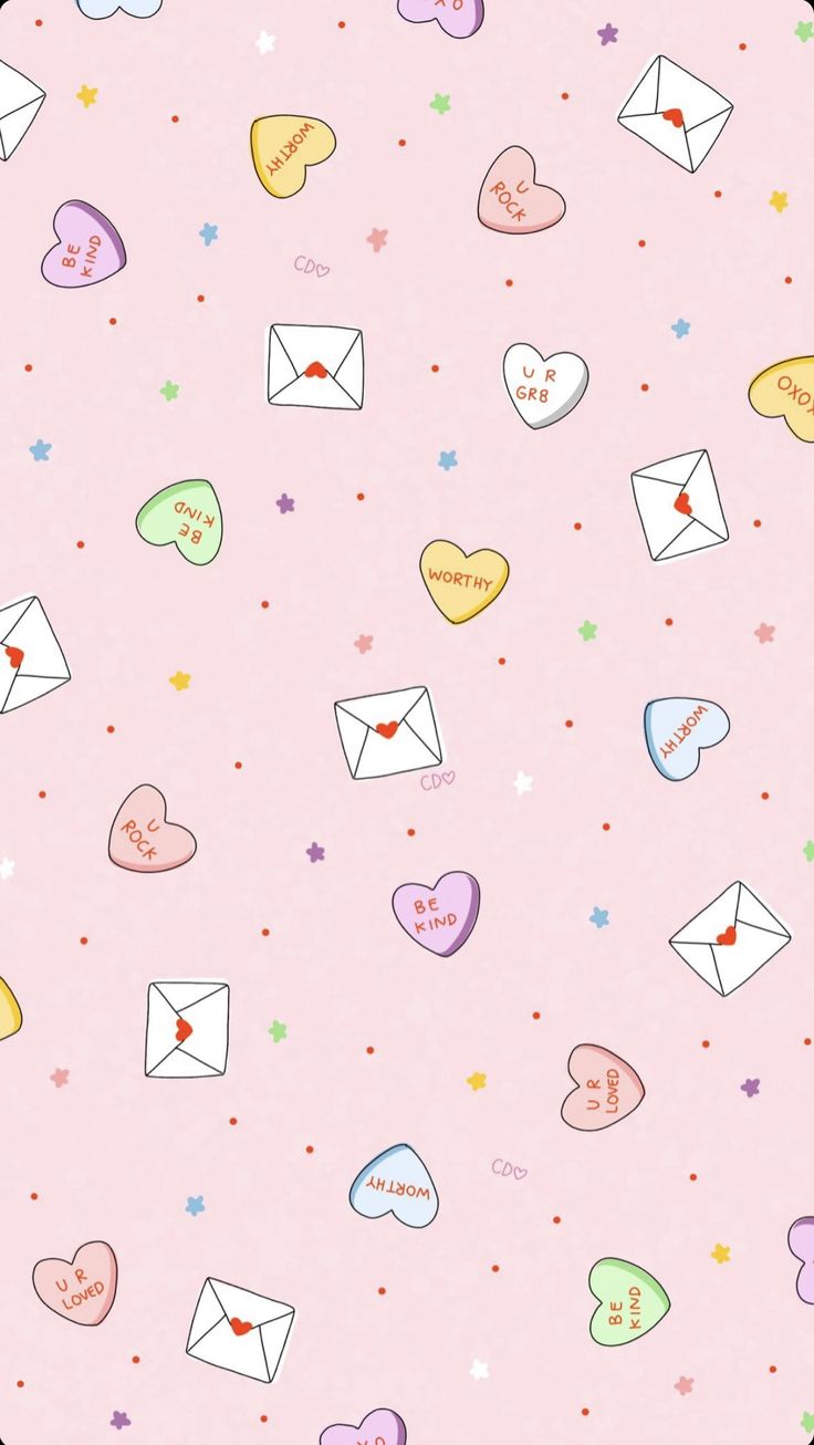 hearts and envelopes on a pink background with stars, dots and confetti