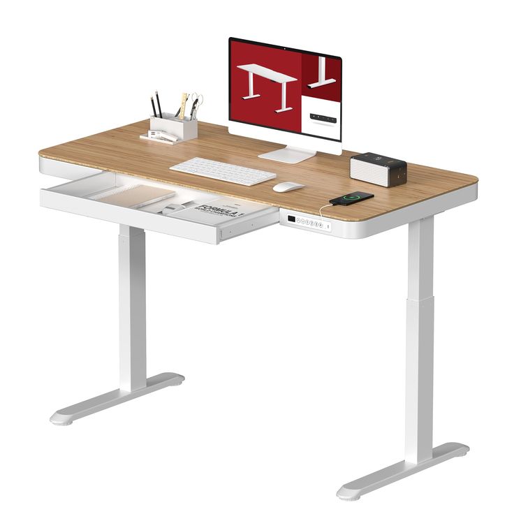 a computer desk with a monitor, keyboard and mouse on it in front of a white background