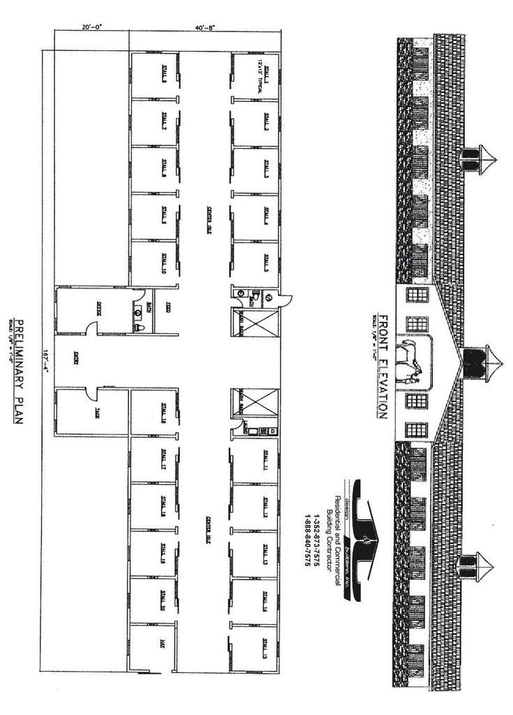 an architectural drawing shows the interior and exterior of a building, with several rooms on each side