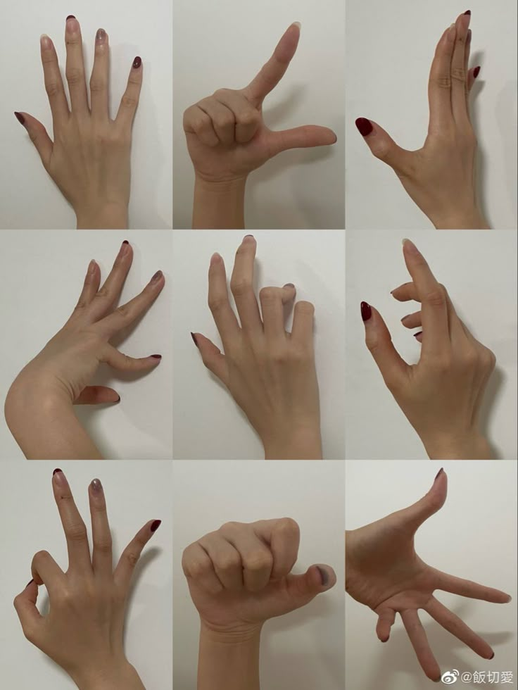 several images of hands with different gestures and nails on each hand, all showing the same number of fingers