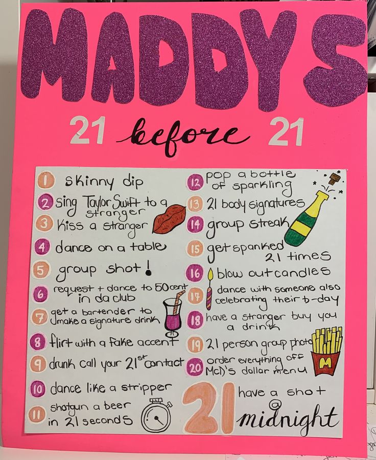 a pink sign that says, mary's 21 before 21 and has instructions on it