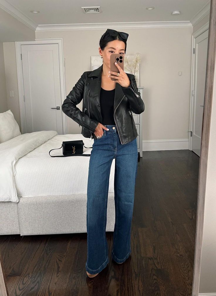 Outfit Inspo Fall Petite, Petite Figure Aesthetic, Women’s Leather Jacket Outfit 2023, Smart Casual Leather Jacket Outfit, Style A Black Leather Jacket, Petite Leather Jacket, Black Jeans Women Outfit, Leather Jacket Outfits Women Spring, Leather Moto Jacket Outfit 2023