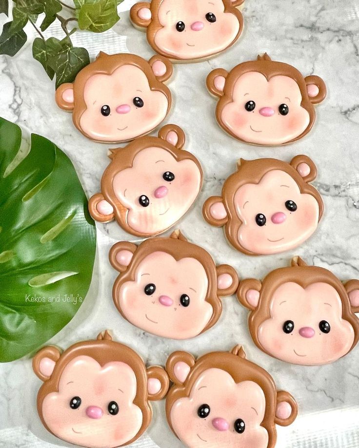 monkey face cookies are arranged on a marble surface with green leaves and greenery in the background