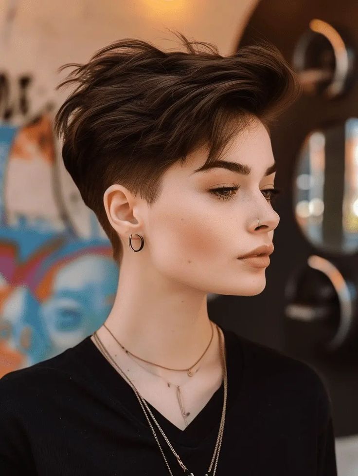 Cropped Layered Hair, Short Hair Cuts For Women Pixie Undercut, Female Undercut Short Hair, Tomboy Pixie Cut, Lesbian Haircut, Tomboy Haircut, Chubby Face Haircuts, Pixie Haircut Styles, Short Hair Tomboy