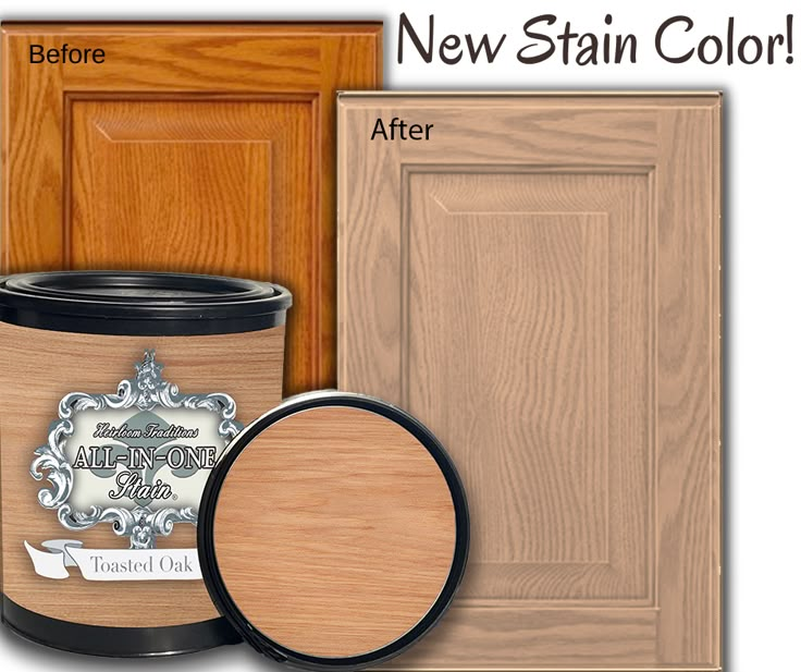 the new stain color is being used to paint kitchen cabinets and cupboards with woodgrain