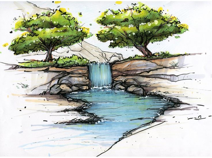 a drawing of a waterfall with trees on the other side and water running down it