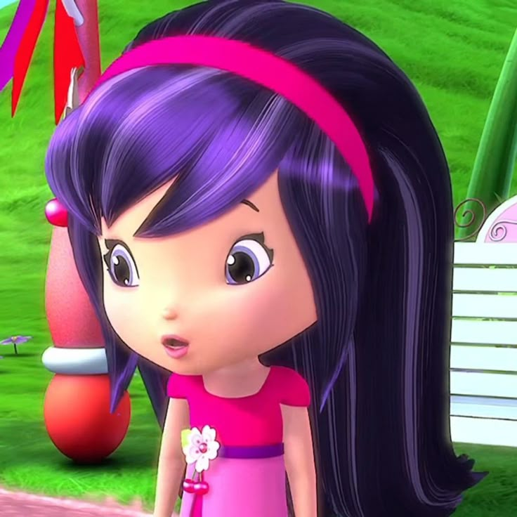 a cartoon girl with purple hair and pink dress standing in front of a park bench